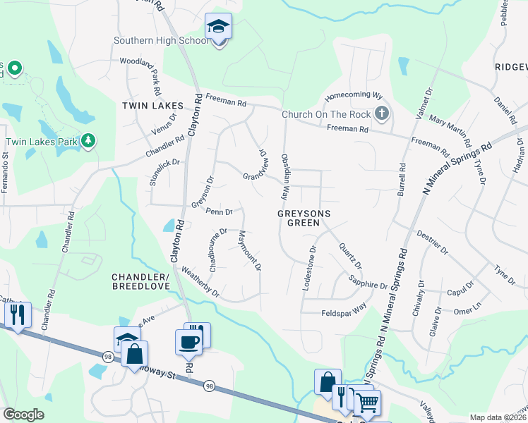map of restaurants, bars, coffee shops, grocery stores, and more near 14 Bentwood Place in Durham