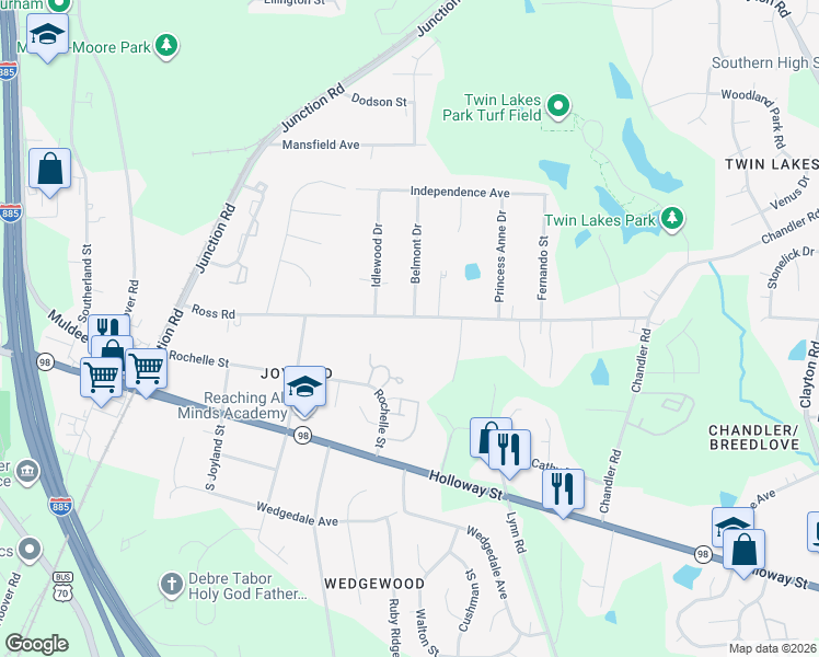 map of restaurants, bars, coffee shops, grocery stores, and more near 2714 Ross Road in Durham