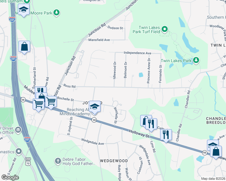 map of restaurants, bars, coffee shops, grocery stores, and more near in Durham