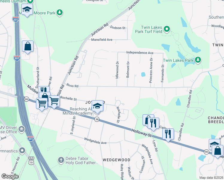 map of restaurants, bars, coffee shops, grocery stores, and more near in Durham
