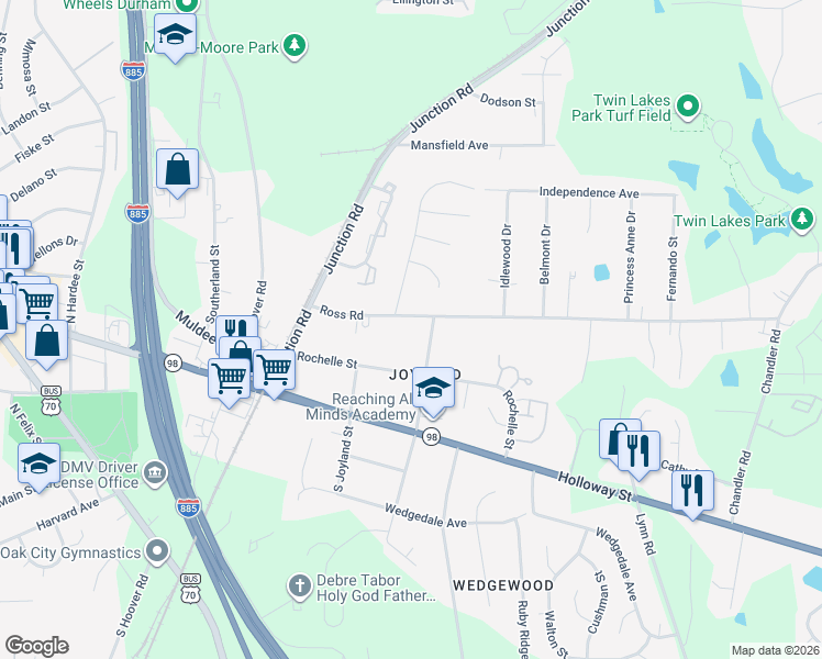 map of restaurants, bars, coffee shops, grocery stores, and more near 227 North Adams Street in Durham