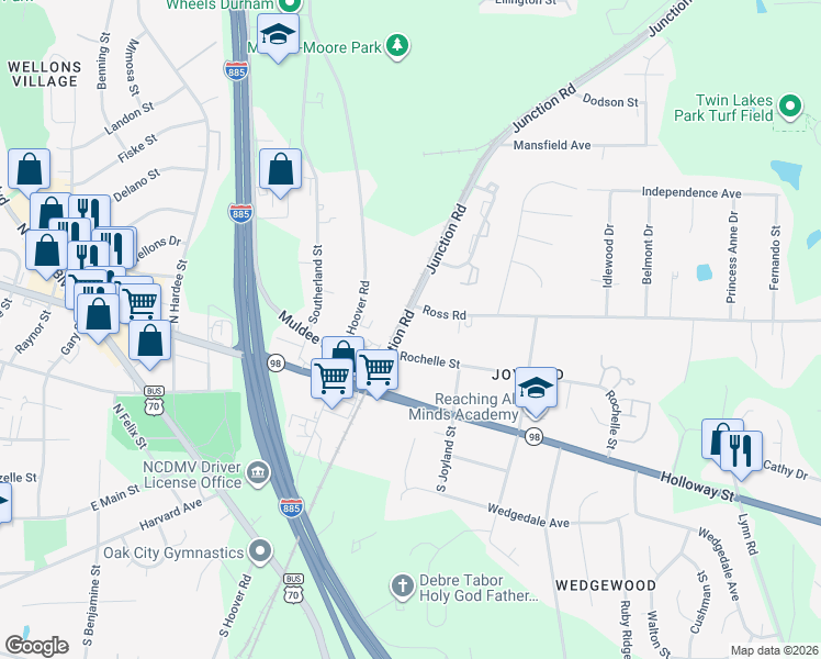 map of restaurants, bars, coffee shops, grocery stores, and more near 2504 Ross Road in Durham