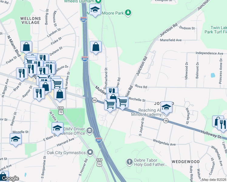 map of restaurants, bars, coffee shops, grocery stores, and more near 122 Southerland Street in Durham