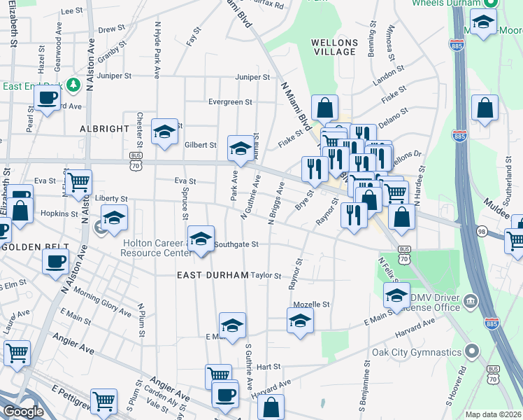 map of restaurants, bars, coffee shops, grocery stores, and more near 705 North Guthrie Avenue in Durham