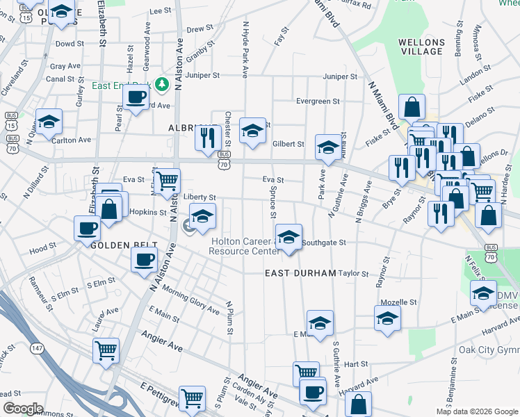 map of restaurants, bars, coffee shops, grocery stores, and more near 1114 Liberty Street in Durham
