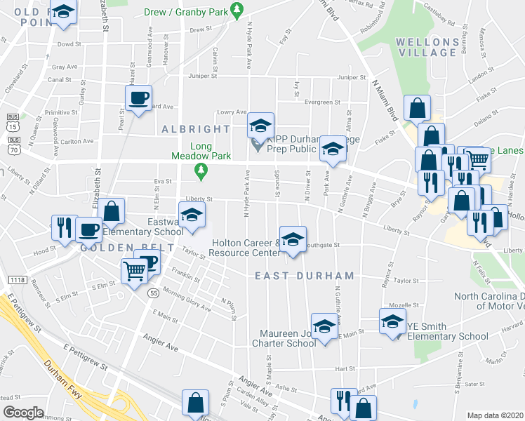 map of restaurants, bars, coffee shops, grocery stores, and more near 1114 Liberty Street in Durham