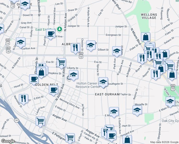 map of restaurants, bars, coffee shops, grocery stores, and more near 611 North Hyde Park Avenue in Durham