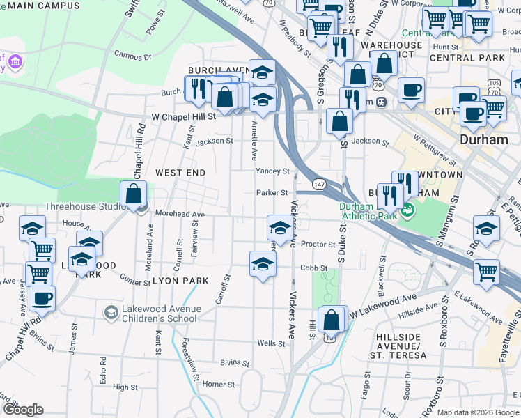 map of restaurants, bars, coffee shops, grocery stores, and more near 904 Shepherd Street in Durham