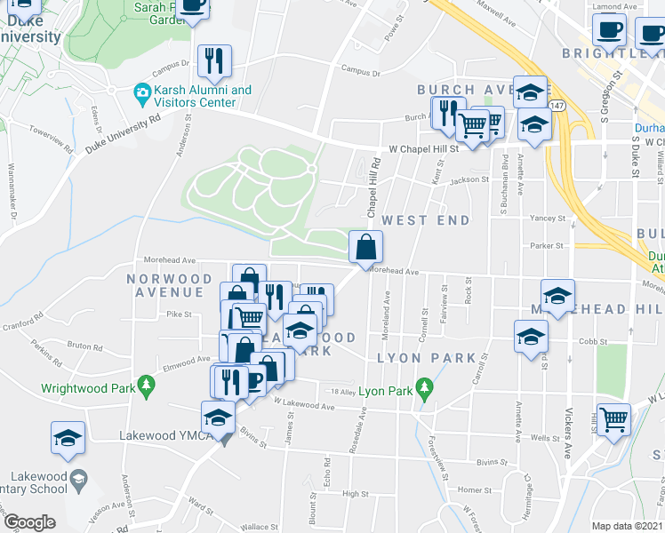 map of restaurants, bars, coffee shops, grocery stores, and more near 1739 Morehead Avenue in Durham