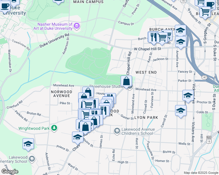 map of restaurants, bars, coffee shops, grocery stores, and more near 1739 Morehead Avenue in Durham
