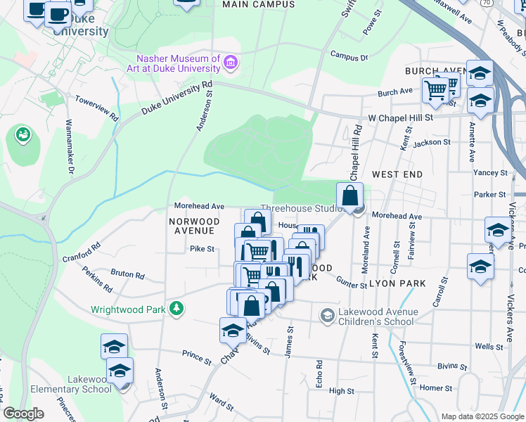 map of restaurants, bars, coffee shops, grocery stores, and more near 1925 Morehead Avenue in Durham