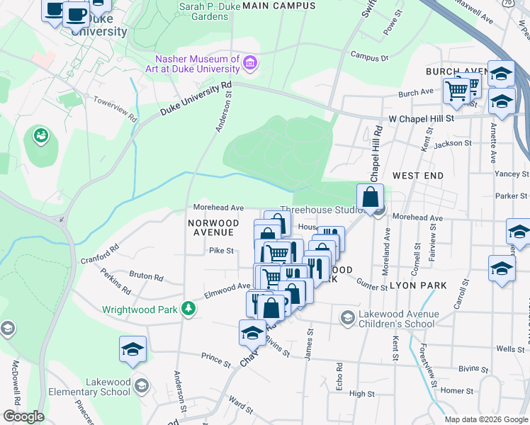 map of restaurants, bars, coffee shops, grocery stores, and more near 1939 Morehead Avenue in Durham