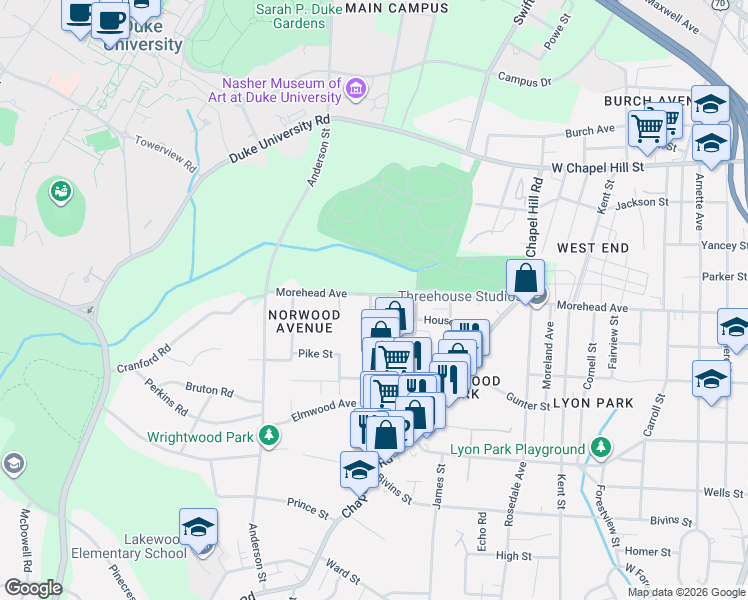 map of restaurants, bars, coffee shops, grocery stores, and more near 1939 Morehead Avenue in Durham