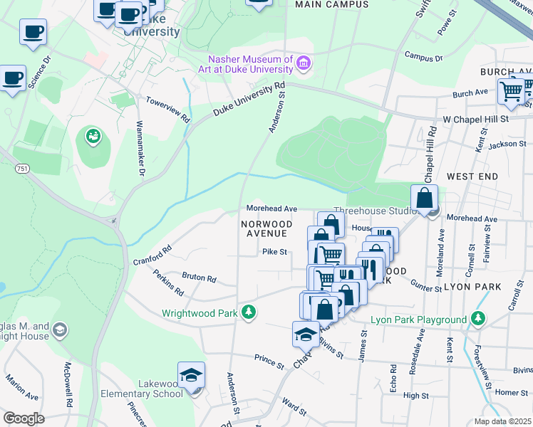 map of restaurants, bars, coffee shops, grocery stores, and more near 1001 Norwood Avenue in Durham