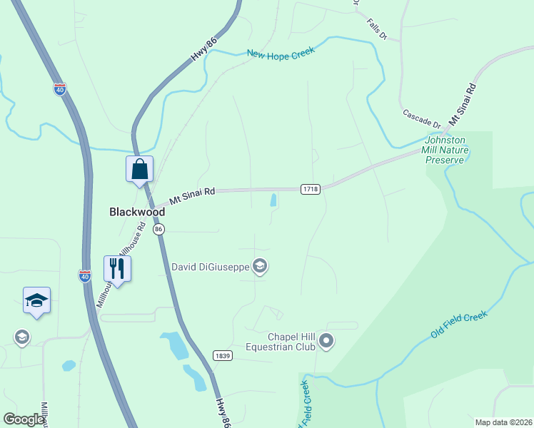 map of restaurants, bars, coffee shops, grocery stores, and more near 106 Wild Primrose Lane in Chapel Hill