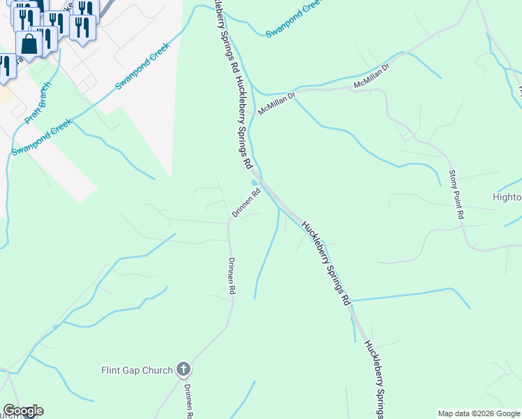 map of restaurants, bars, coffee shops, grocery stores, and more near 1601 Drinnen Road in Knoxville