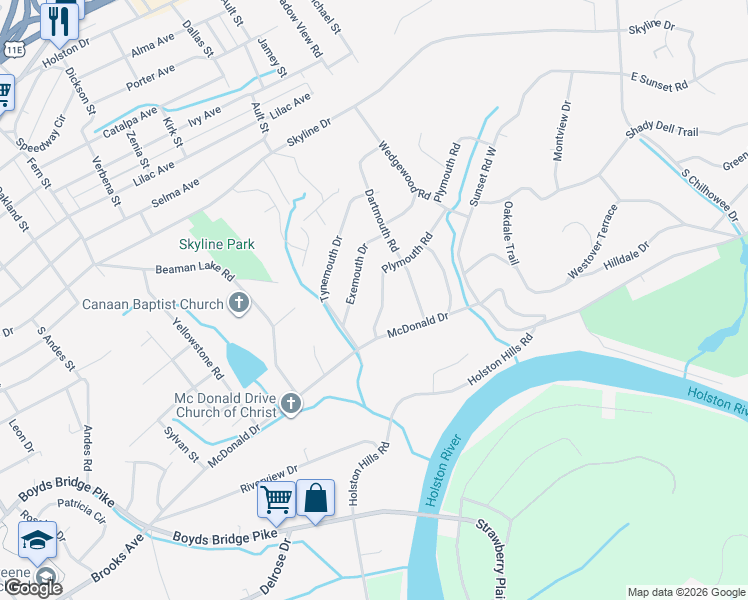 map of restaurants, bars, coffee shops, grocery stores, and more near 4416 Exemouth Drive in Knoxville