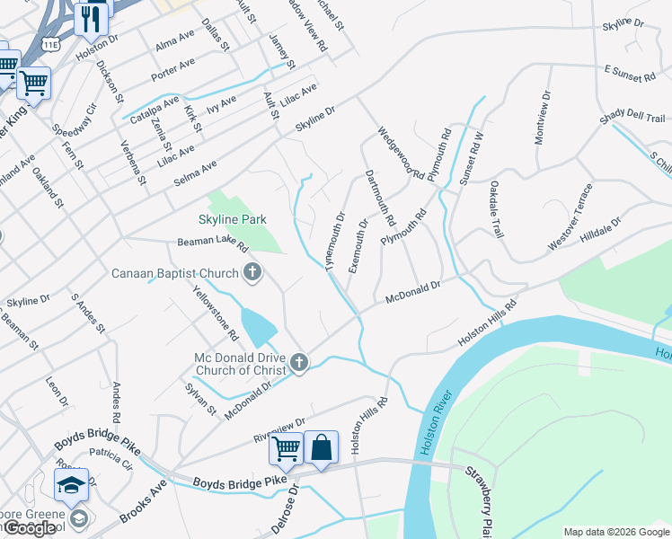 map of restaurants, bars, coffee shops, grocery stores, and more near 4411 Tynemouth Drive in Knoxville