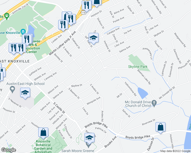 map of restaurants, bars, coffee shops, grocery stores, and more near 3531 Skyline Drive in Knoxville