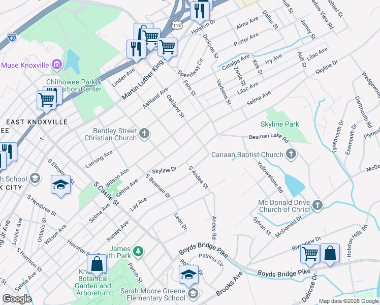 map of restaurants, bars, coffee shops, grocery stores, and more near 3531 Skyline Drive in Knoxville