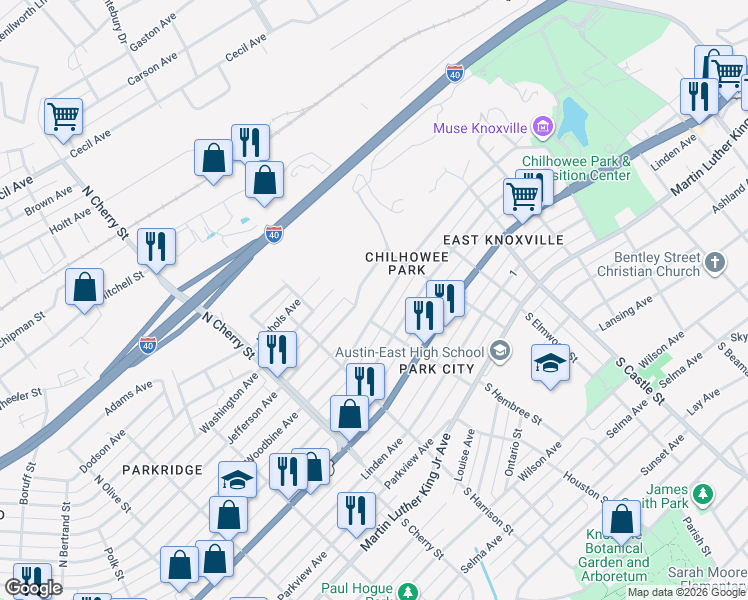 map of restaurants, bars, coffee shops, grocery stores, and more near 2839 Woodbine Avenue in Knoxville