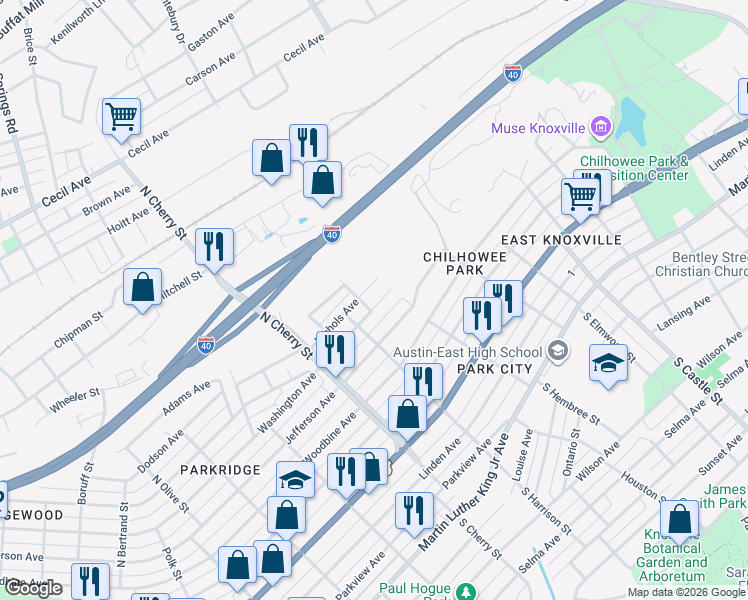 map of restaurants, bars, coffee shops, grocery stores, and more near 2834 Nichols Avenue in Knoxville
