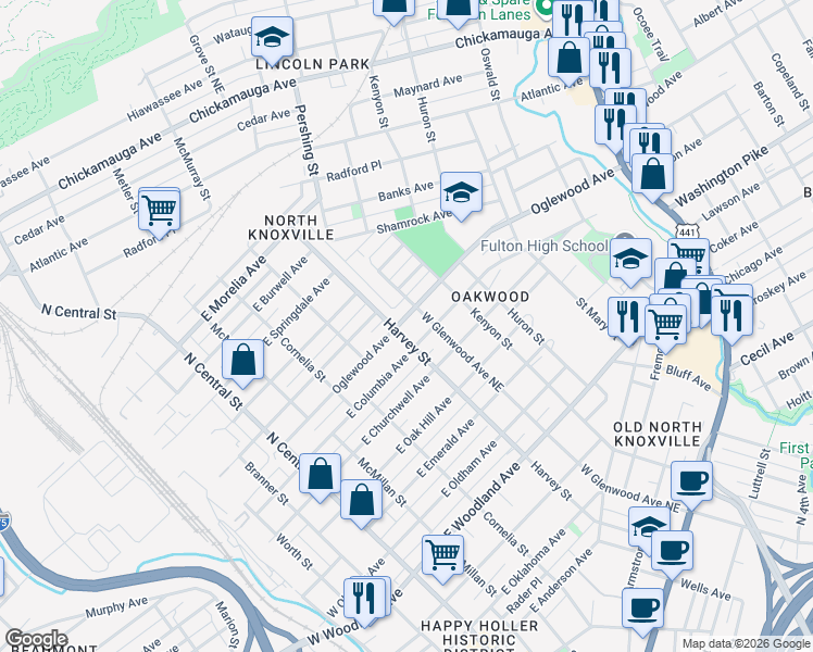 map of restaurants, bars, coffee shops, grocery stores, and more near 516 Oglewood Avenue in Knoxville