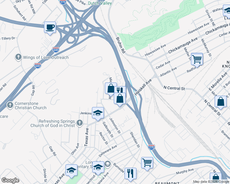 map of restaurants, bars, coffee shops, grocery stores, and more near 3335 Rudy Street in Knoxville