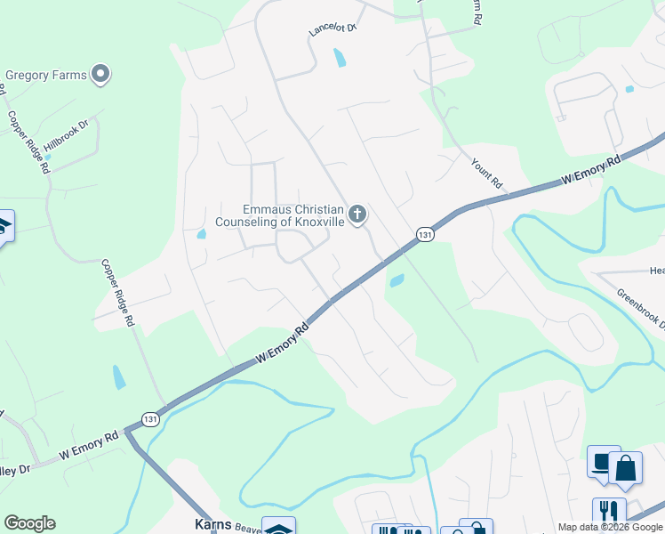 map of restaurants, bars, coffee shops, grocery stores, and more near 7218 Howard Bennett Way in Knoxville