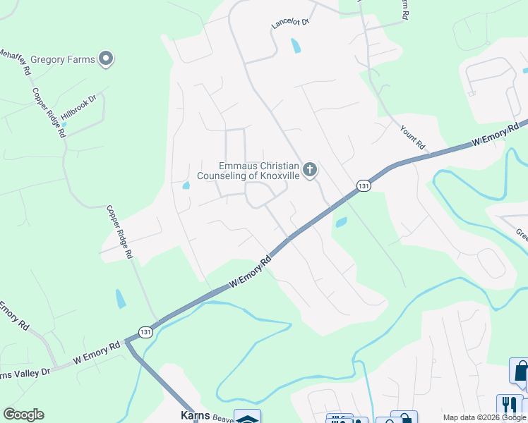 map of restaurants, bars, coffee shops, grocery stores, and more near 7302 Cornwall Road in Knoxville