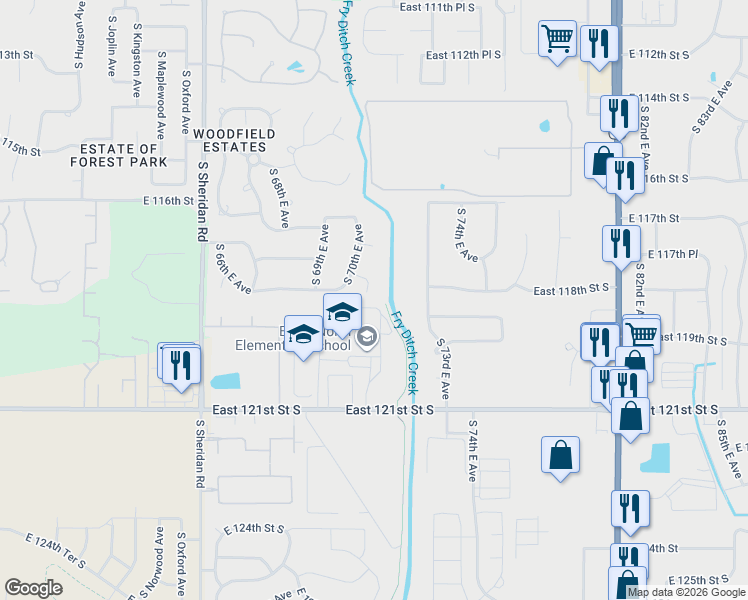 map of restaurants, bars, coffee shops, grocery stores, and more near 7027 East 118th Street South in Bixby