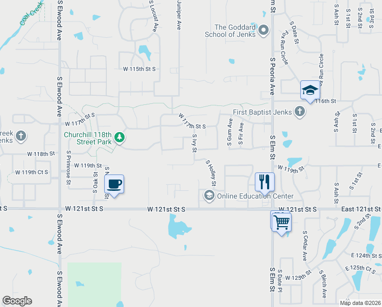 map of restaurants, bars, coffee shops, grocery stores, and more near 1203 West 118th Street South in Jenks