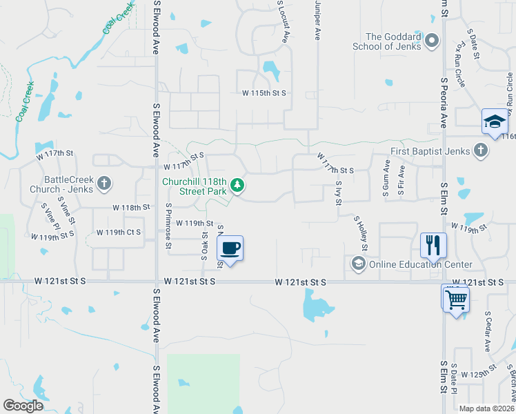 map of restaurants, bars, coffee shops, grocery stores, and more near 1417 West 118th Street South in Jenks