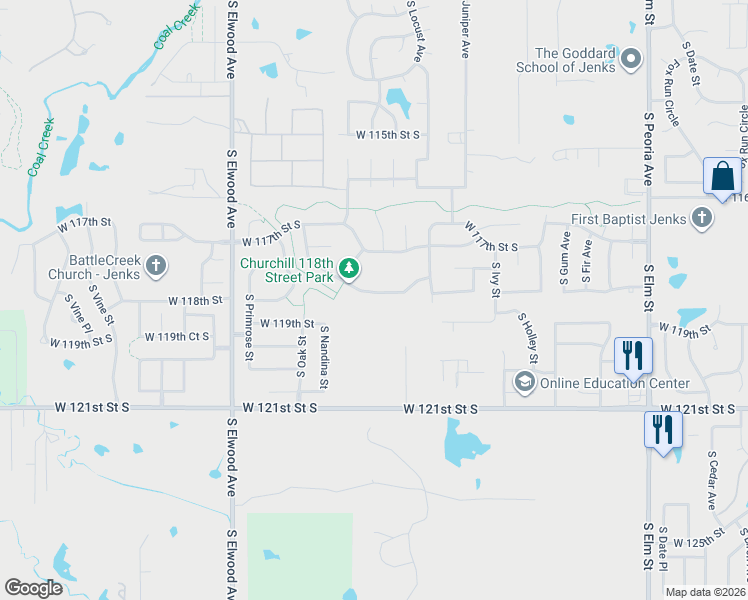 map of restaurants, bars, coffee shops, grocery stores, and more near 1417 West 118th Street South in Jenks