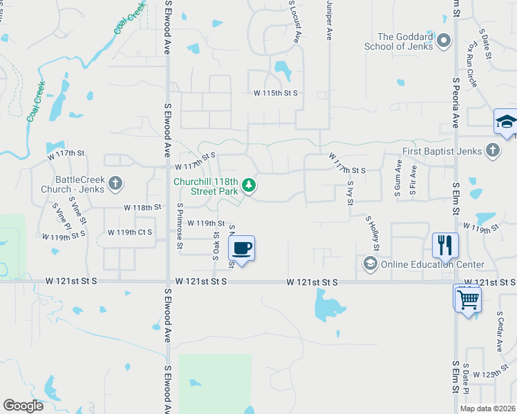 map of restaurants, bars, coffee shops, grocery stores, and more near 1417 West 118th Street South in Jenks