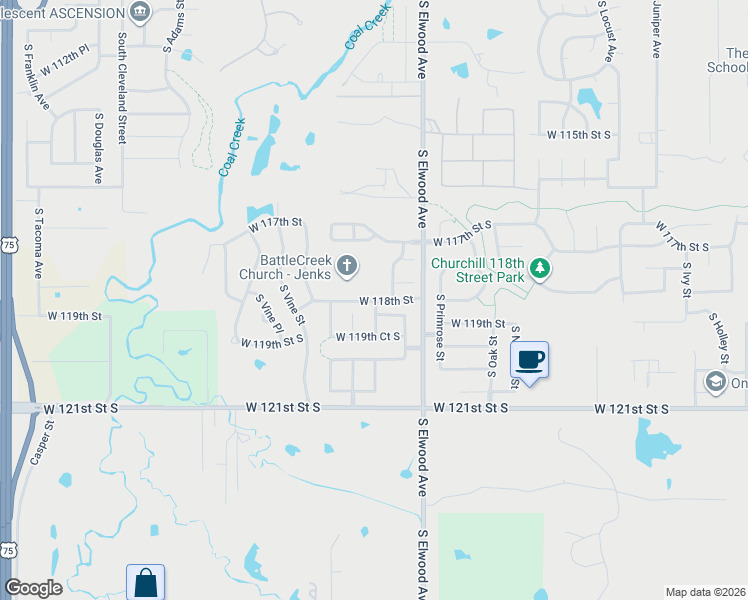 map of restaurants, bars, coffee shops, grocery stores, and more near 11738 South Redbud Street in Jenks