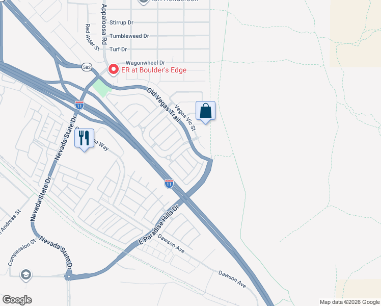 map of restaurants, bars, coffee shops, grocery stores, and more near 2560 Alias Smith Drive in Henderson