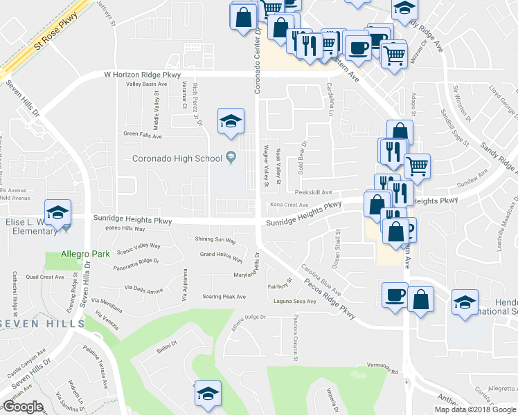 map of restaurants, bars, coffee shops, grocery stores, and more near 1078 Coronado Center Drive in Henderson