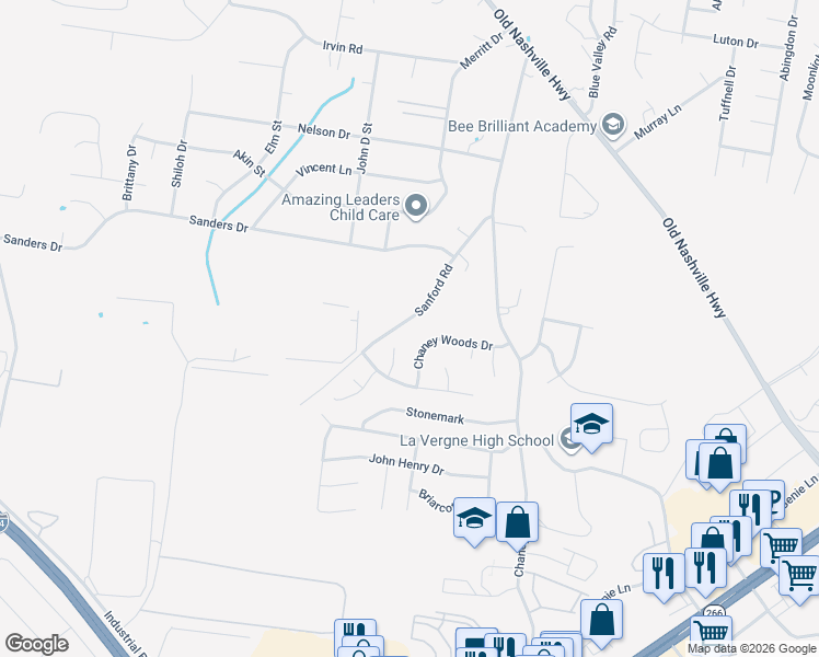 map of restaurants, bars, coffee shops, grocery stores, and more near 267 Sanford Road in La Vergne