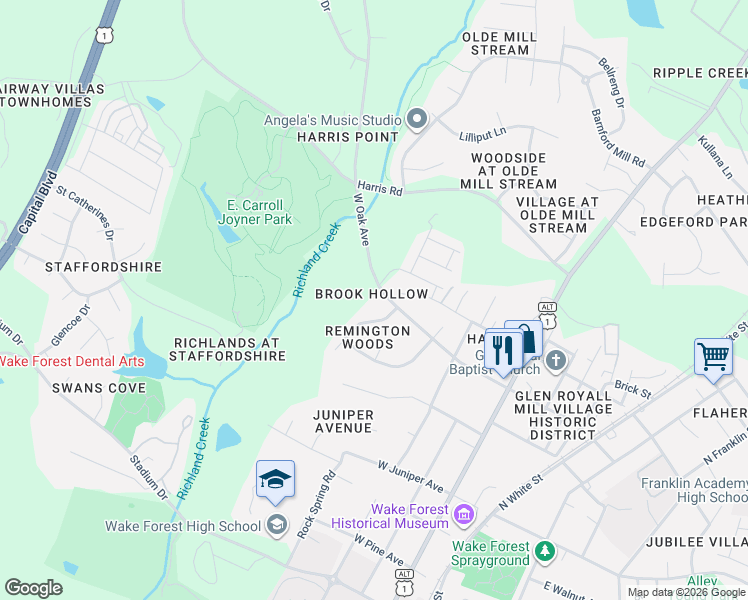 map of restaurants, bars, coffee shops, grocery stores, and more near 421 West Oak Avenue in Wake Forest