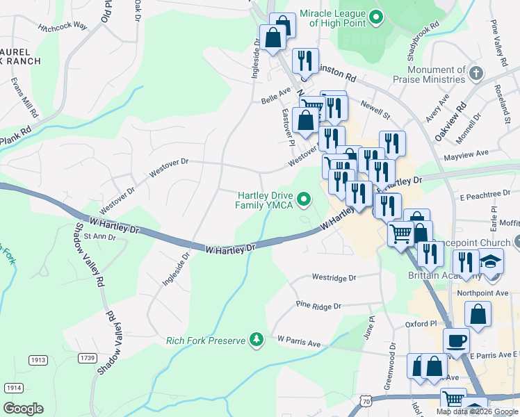 map of restaurants, bars, coffee shops, grocery stores, and more near 403 Pine Grove Drive in High Point