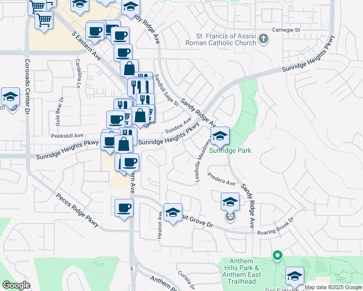 map of restaurants, bars, coffee shops, grocery stores, and more near 981 Upper Meadows Place in Henderson