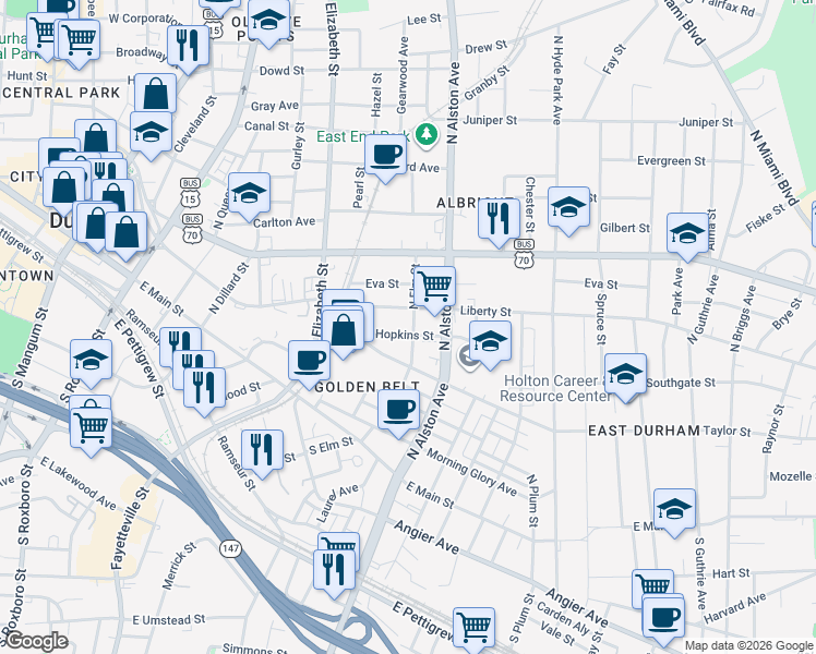 map of restaurants, bars, coffee shops, grocery stores, and more near 726 Liberty Street in Durham