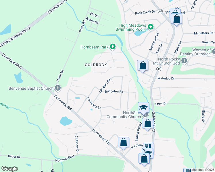 map of restaurants, bars, coffee shops, grocery stores, and more near 1713 Old Barn Road in Rocky Mount