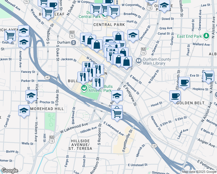 map of restaurants, bars, coffee shops, grocery stores, and more near 510 South Dillard Street in Durham