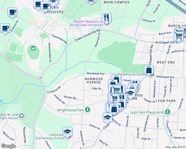 map of restaurants, bars, coffee shops, grocery stores, and more near 1001 Norwood Avenue in Durham