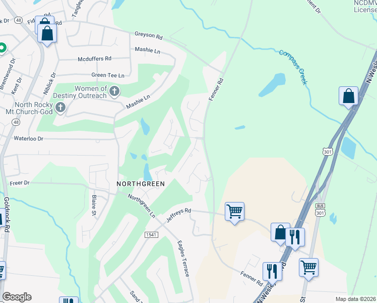 map of restaurants, bars, coffee shops, grocery stores, and more near 1261 Fairway Terrace in Rocky Mount