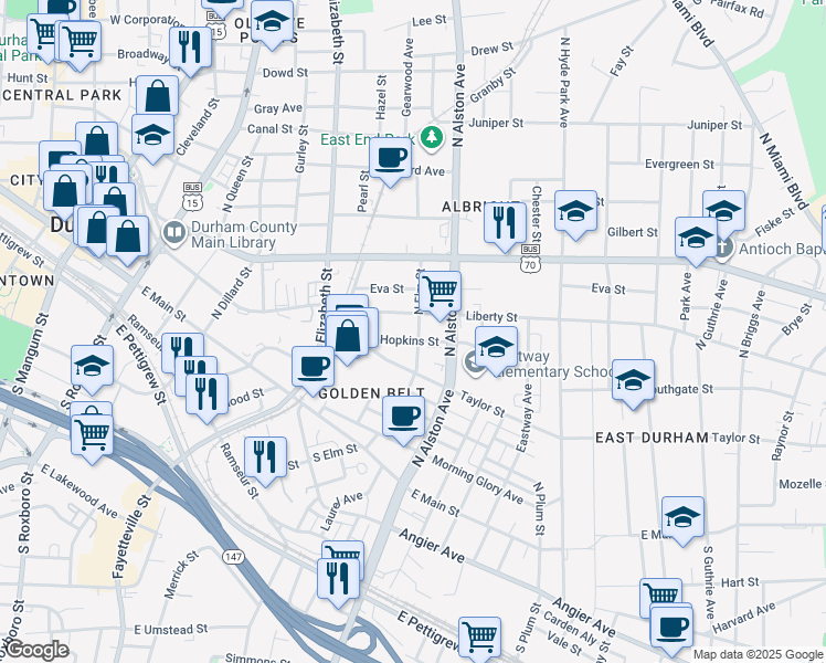 map of restaurants, bars, coffee shops, grocery stores, and more near 726 Liberty Street in Durham