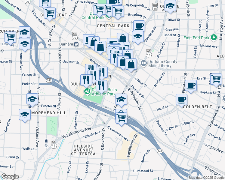 map of restaurants, bars, coffee shops, grocery stores, and more near 510 South Dillard Street in Durham