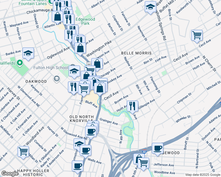 map of restaurants, bars, coffee shops, grocery stores, and more near in Knoxville